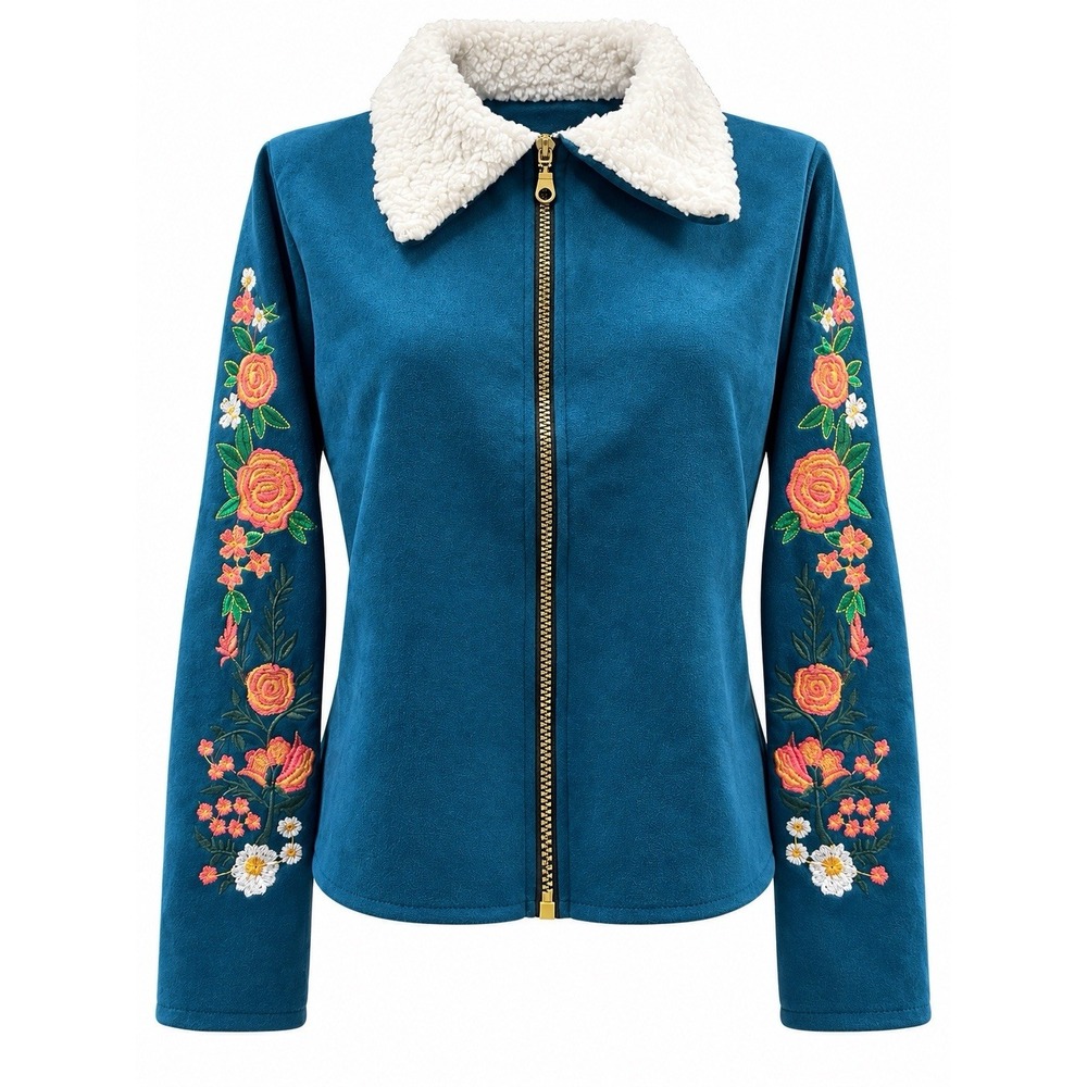Flowers Womens Teal Floral Embroidered Sherpa Collar Zip Up Jacket Size PS Small